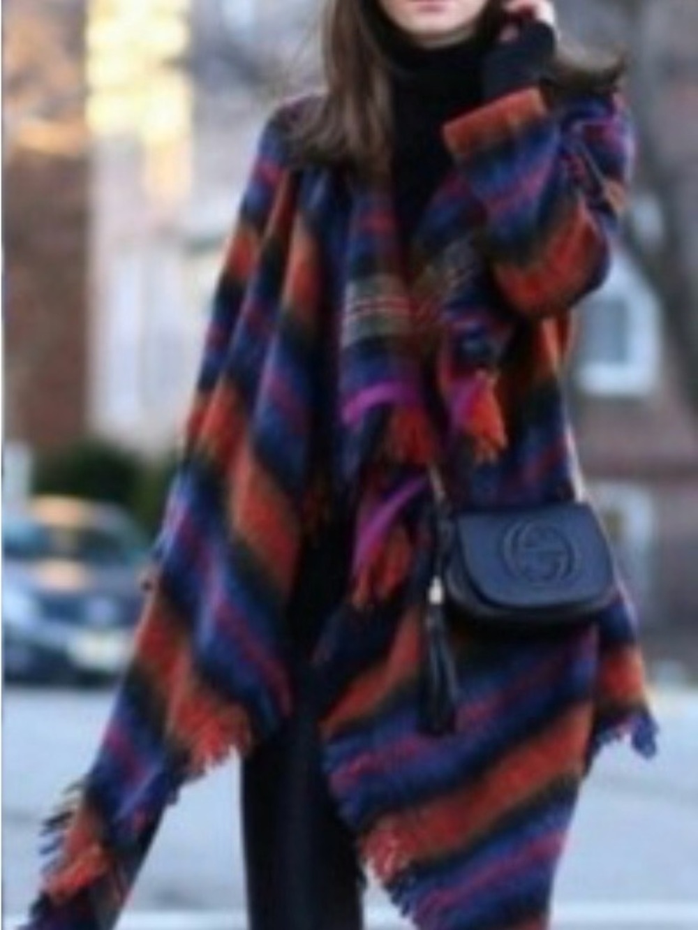Striped Fringe Wrap Cape in Navy and Rust